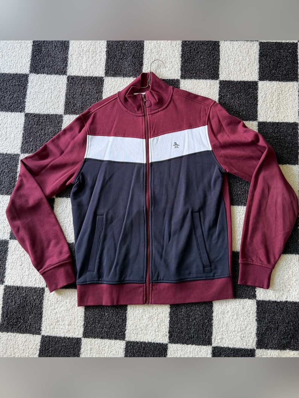 Men's Burgundy and Navy Colorblock Full-Zip Penguin Sweater